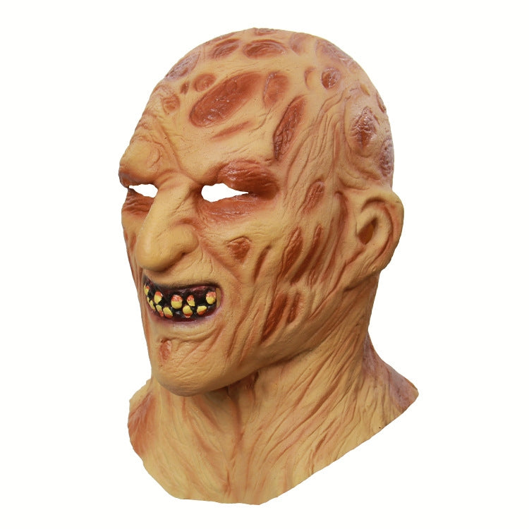Skeleton burn latex face mask, side profile with open jaw and teeth
