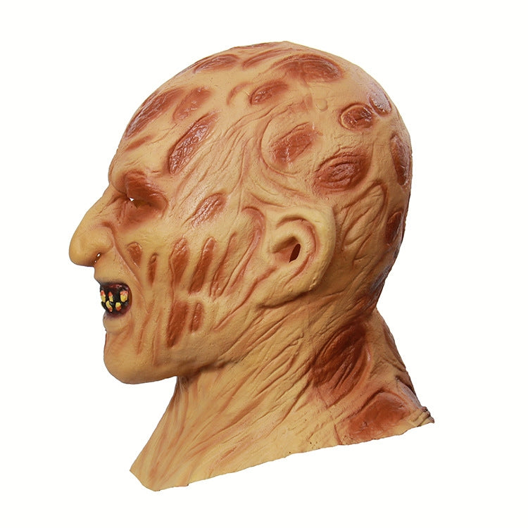 Skeleton burn latex face mask, three-quarter view with textured scars and teeth
