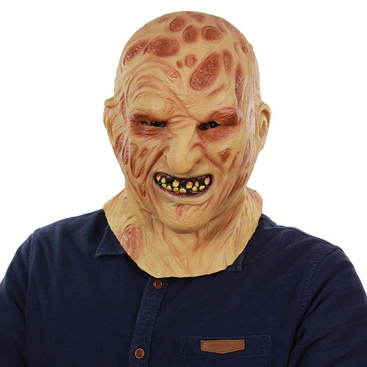 Skeleton burn latex face mask with open mouth and glowing teeth, front view