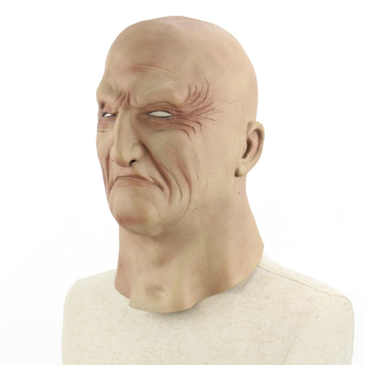 Latex underworld boss fright mask, left profile view, deep forehead wrinkles