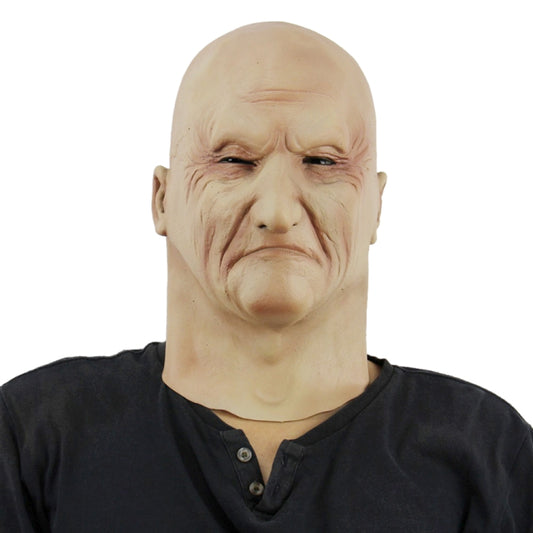 Latex underworld boss fright mask with wrinkled face, front view, beige tone