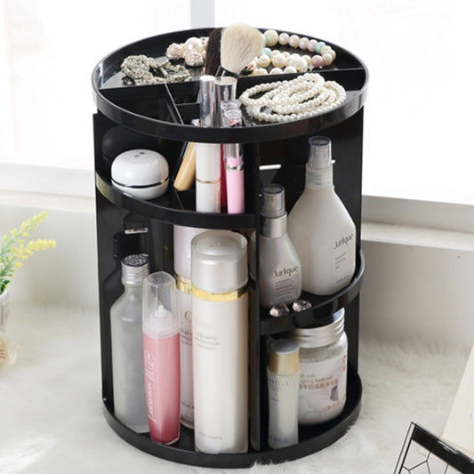 Black rotating cosmetics organizer with tiered compartments and central brush holder