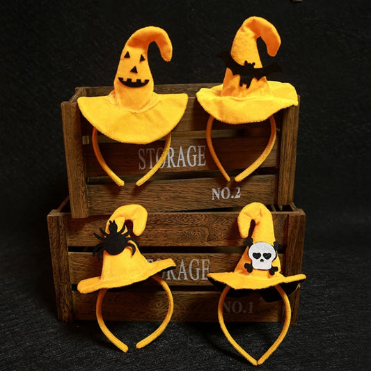 Plush Halloween headband set, yellow fabric with jack-o-lantern, skull, bat and spider