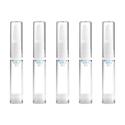 Set of five clear 10 ml plastic pump bottles with white dispenser heads