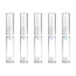 Front view set of five clear 10 ml plastic pump bottles with white pump tops