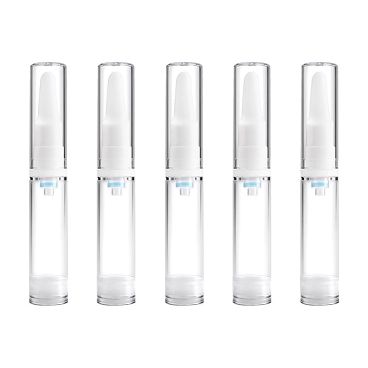 Front view set of five clear 10 ml plastic pump bottles with white pump tops