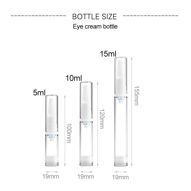 Clear pump bottle size chart with 5 ml, 10 ml, and 15 ml options shown