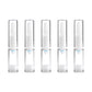 Five upright clear pump bottles with white nozzles and 5ml capacity