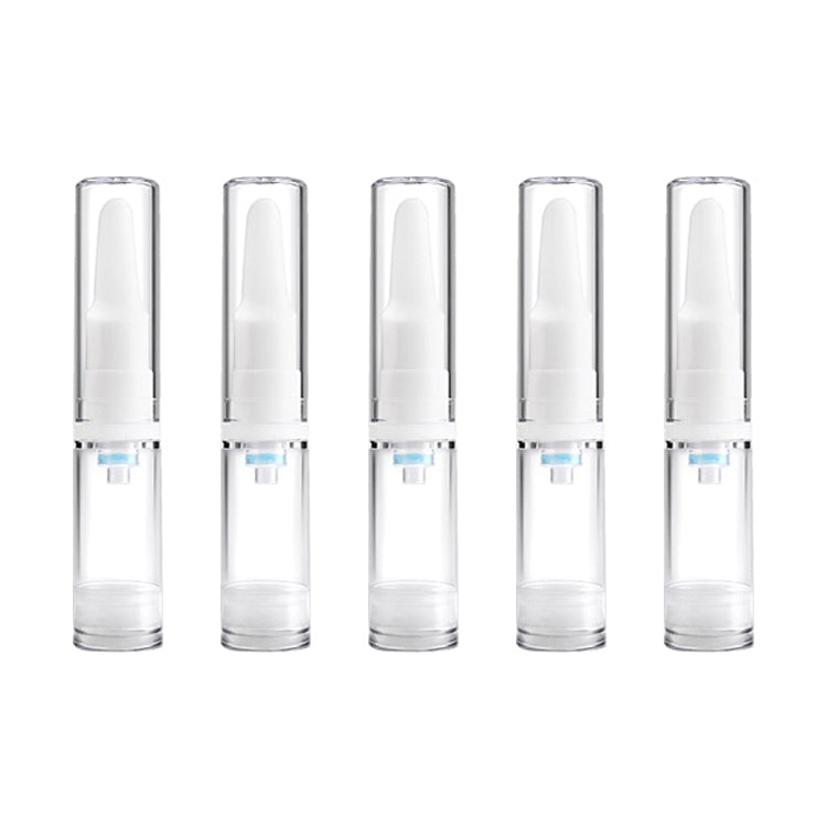 Five upright clear pump bottles with white nozzles and 5ml capacity