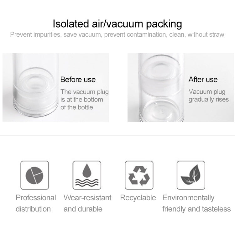 Clear pump bottle vacuum plug section with before-and-after dispensing graphic
