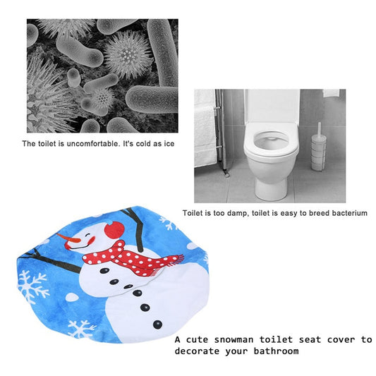 Winter snowman toilet seat cover in blue with red scarf and snowflake print