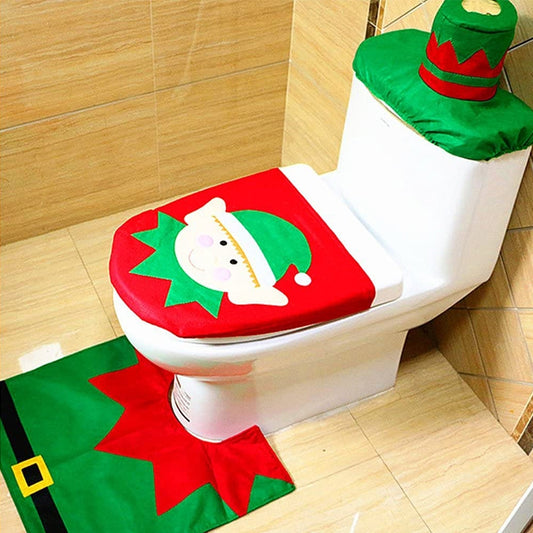 Elf Christmas toilet seat cover and rug set, red and green holiday design