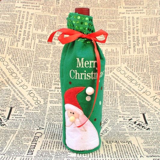 Green Christmas wine bottle bag with Santa illustration, Merry Christmas wording, red bow