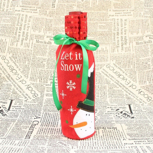 Red snowman wine bottle bag with 'Let it Snow' text and green ribbon handles