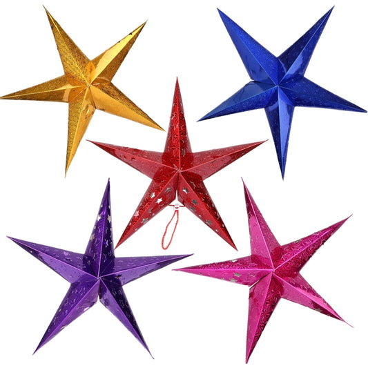 3D holographic paper pentagram star decoration set in mixed gold, blue, red, purple, pink