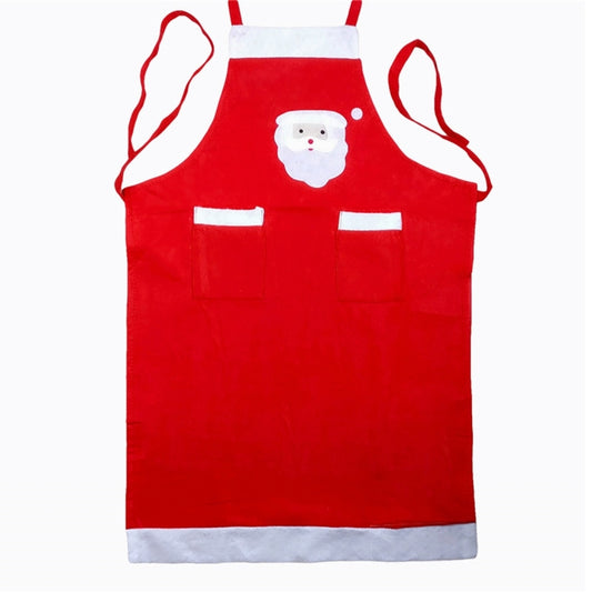 Red Santa-themed apron front view with Santa face patch, white pockets, and side ties