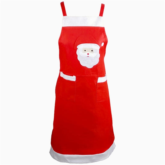 Red Santa-themed apron with white trim, Santa face pocket, and front side pockets