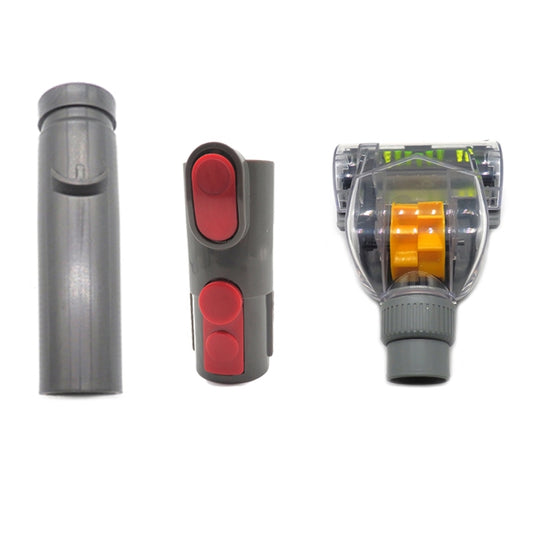 Vacuum attachment kit with gray tube, red buckle adapter, and clear pet brush head