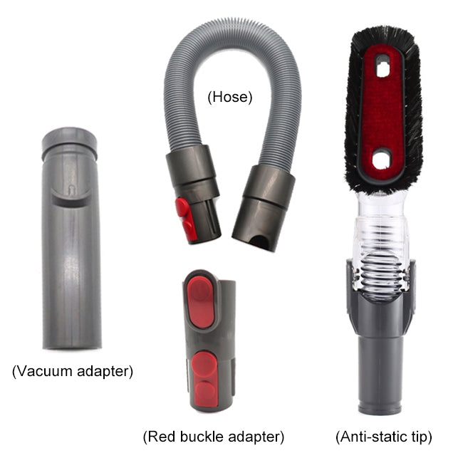 Vacuum accessory set showing hose, vacuum adapter, red buckle adapter, and anti-static tip