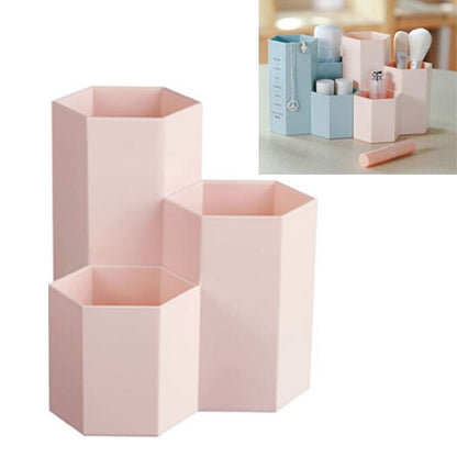 Pink hexagon pen holder set with three cubby compartments