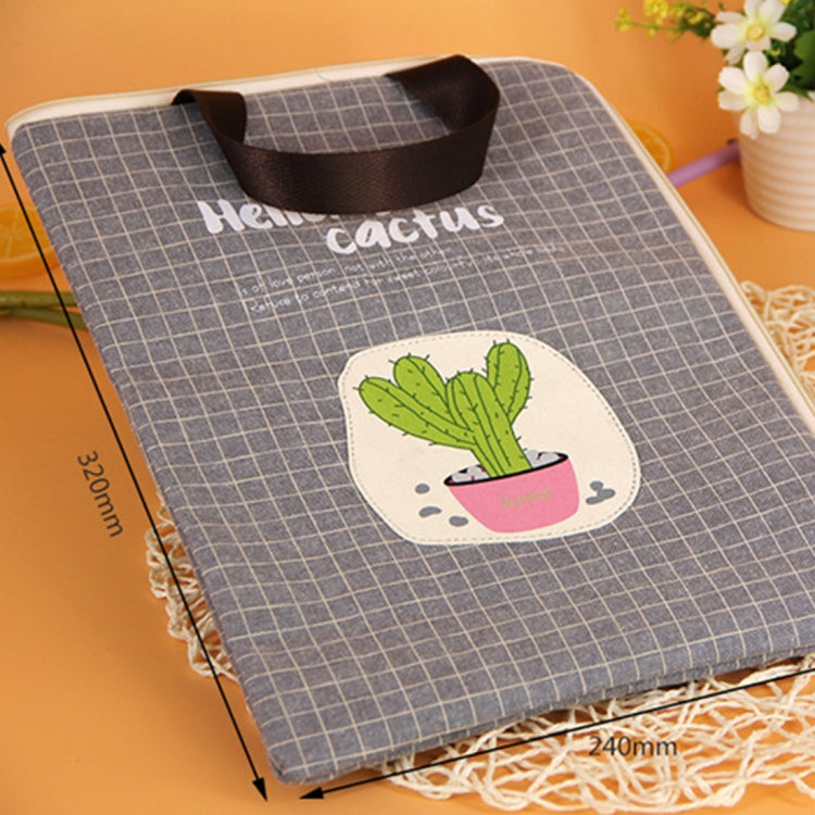 Gray canvas file bag with cactus patch motif and carry handle, zip closure.
