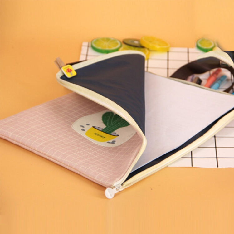 Folded canvas file bags with cactus prints, one open to show inner slots.