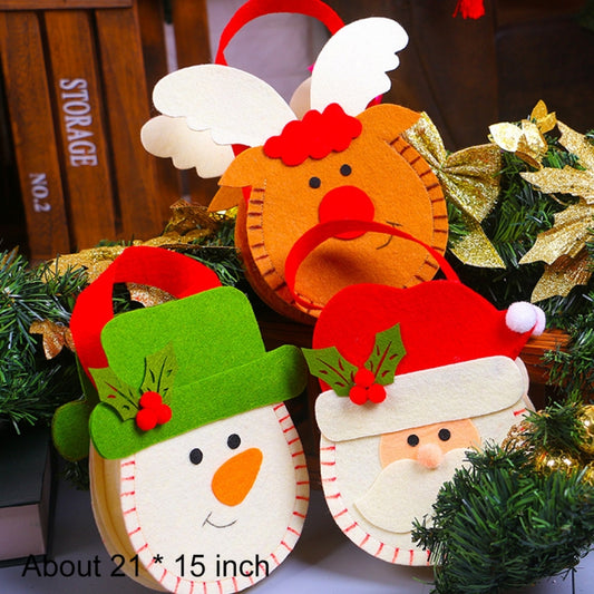 Non-woven Christmas gift bag with orange reindeer face, red antlers, and red carry handle