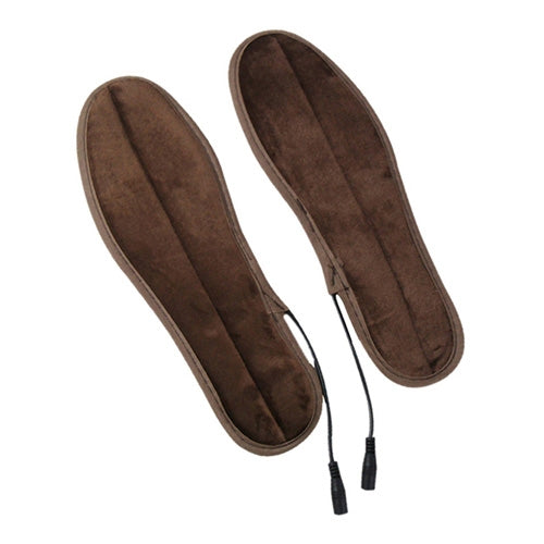 Pair of dark brown heated insoles with two USB-connected cables