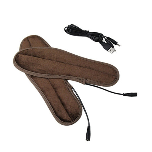 Dark brown heated insoles with attached USB power cord and plug
