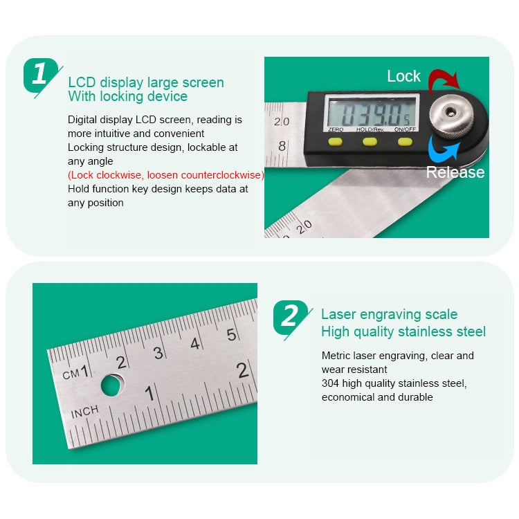 Digital angle finder protractor with LCD display and lock/unlock mechanism