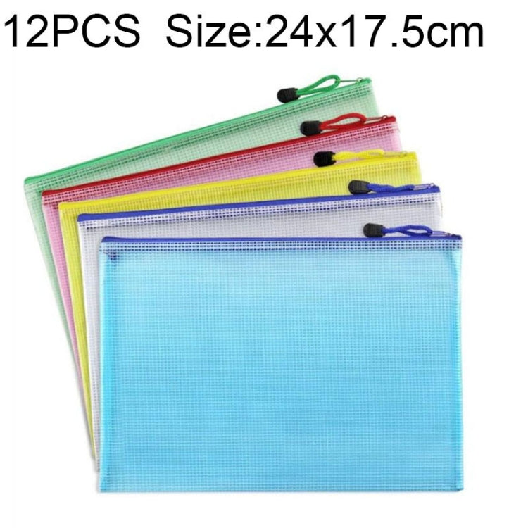 A5 plastic mesh stationery bag with zipper, stacked in assorted colors