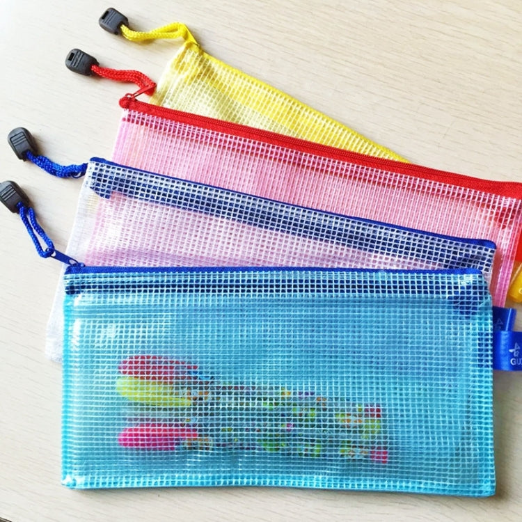 Zipped plastic mesh stationery pouches in blue, pink, and yellow tones