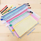 A5 zipper mesh stationery bags with size measurements and assorted colored pens