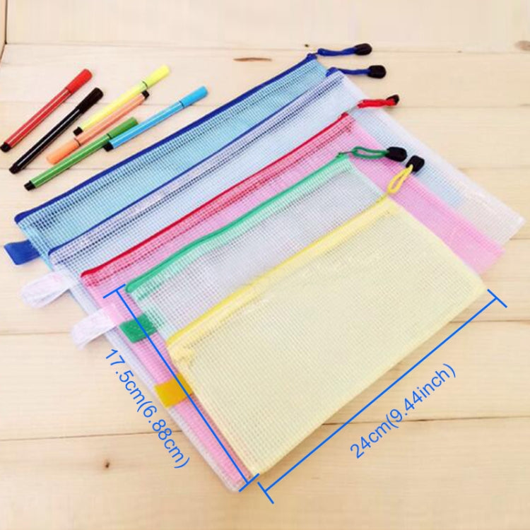 A5 zipper mesh stationery bags with size measurements and assorted colored pens
