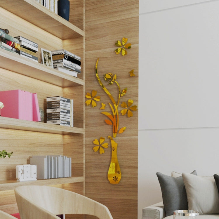 Gold vase-style mirror wall sticker with blossoms and curling stem details