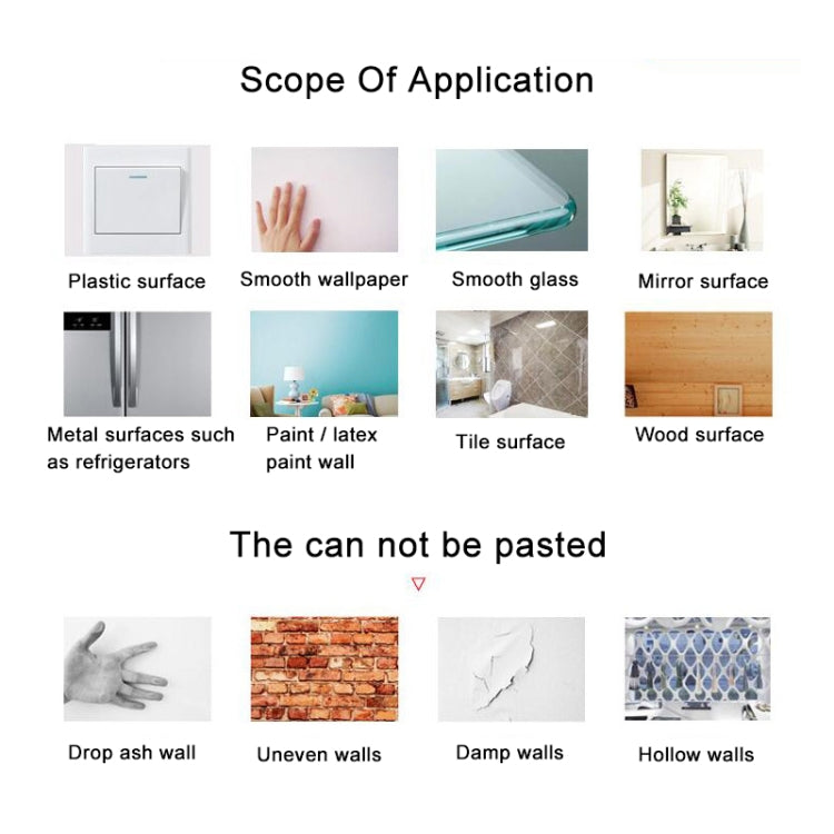 Icons showing wall-sticker installation on mirror, glass, and smooth surfaces