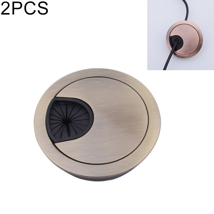 Round zinc alloy desk cable hole cover, brushed bright gold with black insert, 2-pack.