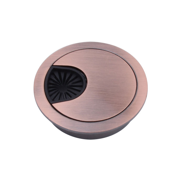 Brushed gold round desk hole cover with black vent insert, top view (2-pack)