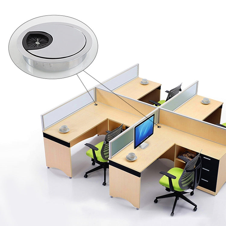 Round desk cable hole cover with black vent insert, installed on office desk (2-pack)
