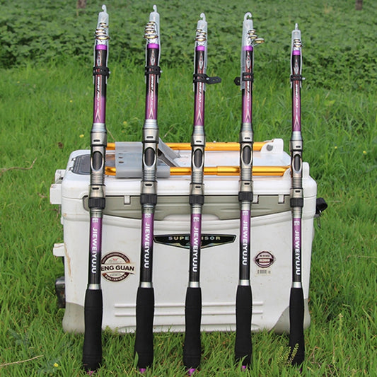 Set of pink telescopic fishing rods with black handles and silver tips