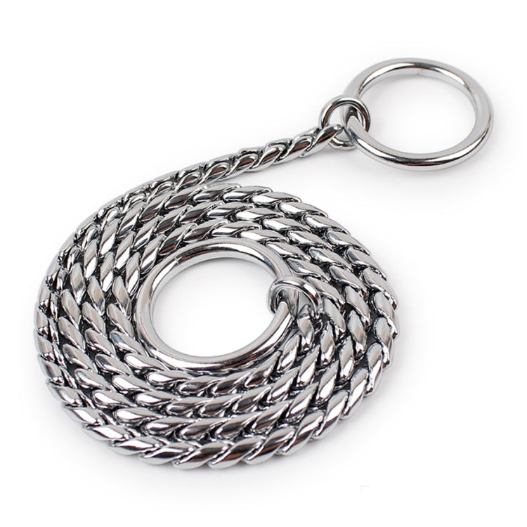 65cm metal snake-chain pet collar coil with two round clasp rings, shiny silver