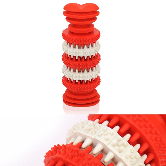 Red stacked rubber dog chew toy with white bristle-like cleaning tips