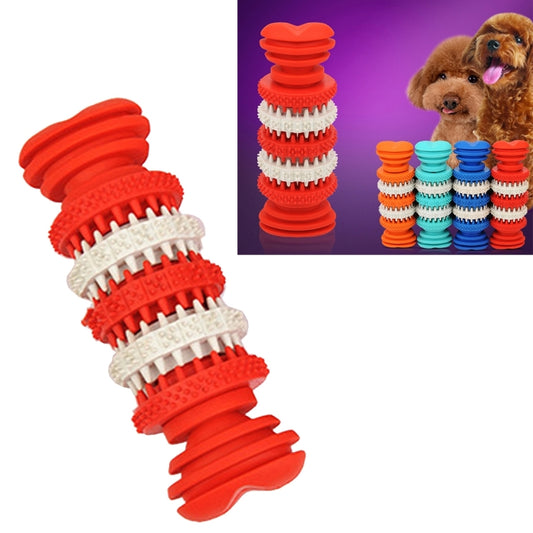Small red rubber dog chew toy with ridged teeth-cleaning grooves
