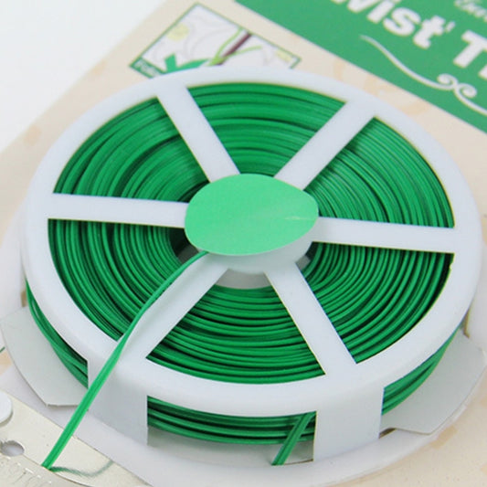 Green plastic twist tie line spool with white holder and tie-line for plants