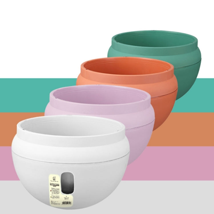Assorted plastic hanging flower pots in white, lavender, pink, orange, and green tones