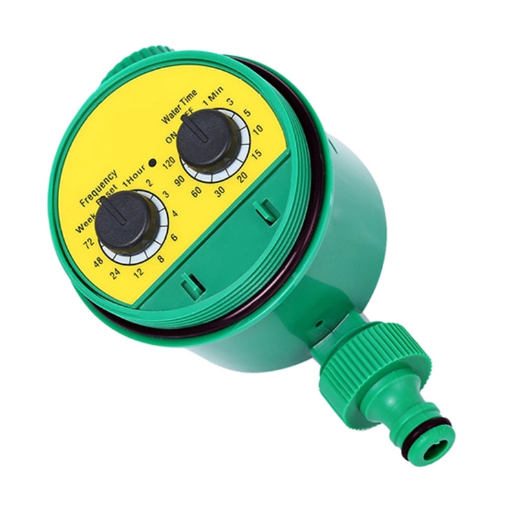 Green digital water timer with yellow LCD face and dual control buttons, angled