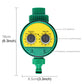 Green digital water timer showing LCD display, control keys, and battery compartment