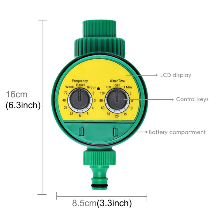 Green digital water timer showing LCD display, control keys, and battery compartment
