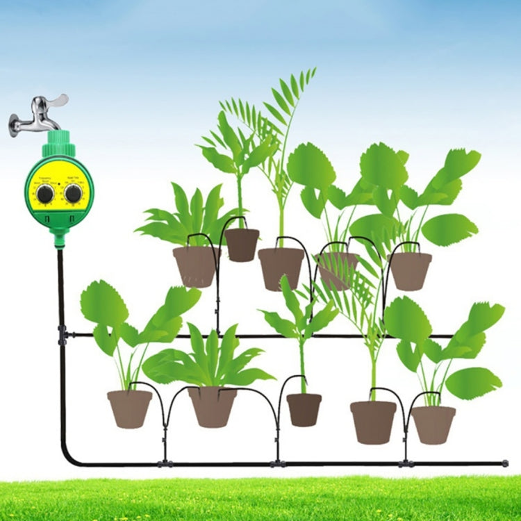 Garden irrigation water timer mounted on hose with tubing for multiple plant lines