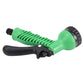 Green garden water spray gun with black lever handle and ridged grip, side view